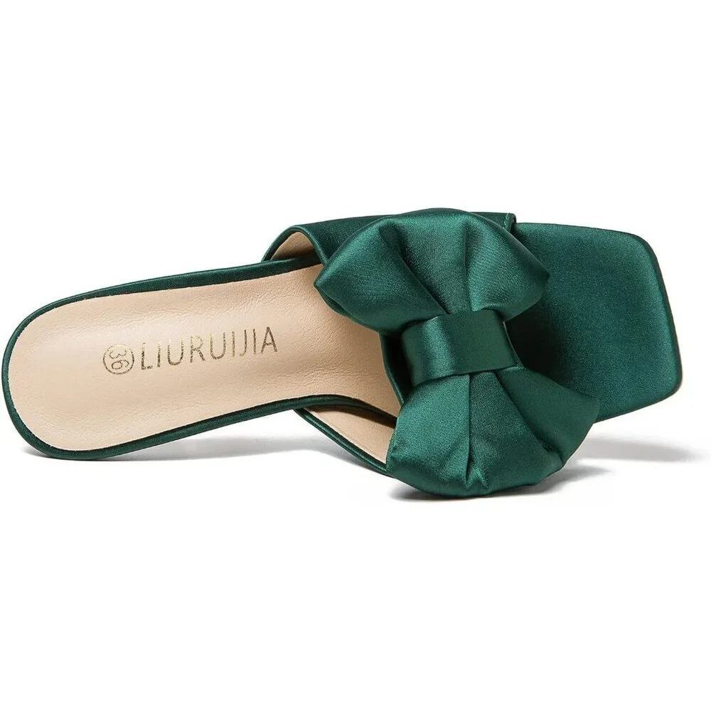 Women's Bow High Heels Mules Dress Sandals Slip On Party Wedding Bridal Green